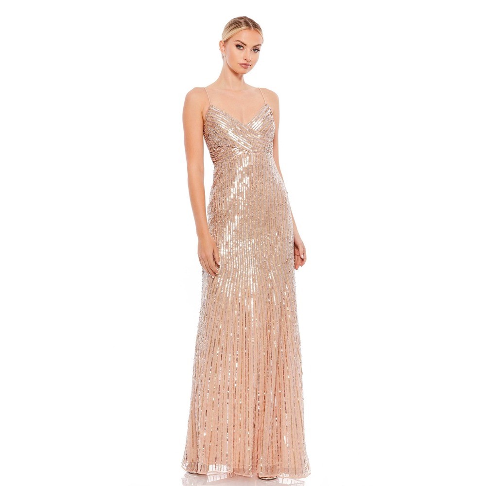 Mac Duggal NEW 10817 Rose Gold Sequin V Neck Maxi Spaghetti Strap Dress Size‎ 14